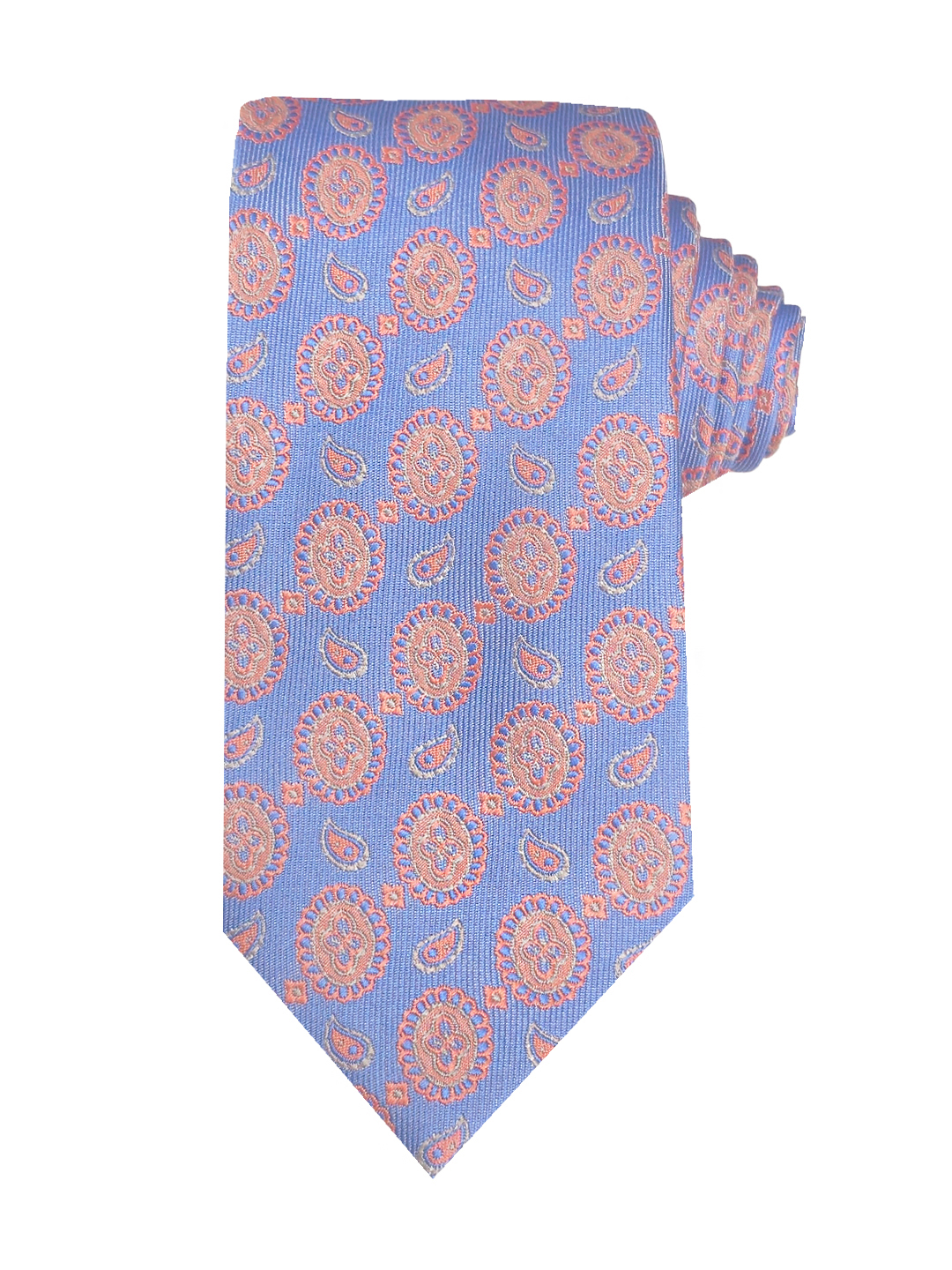 Light Blue Paisley Silk Tie with Coral Medallion Design